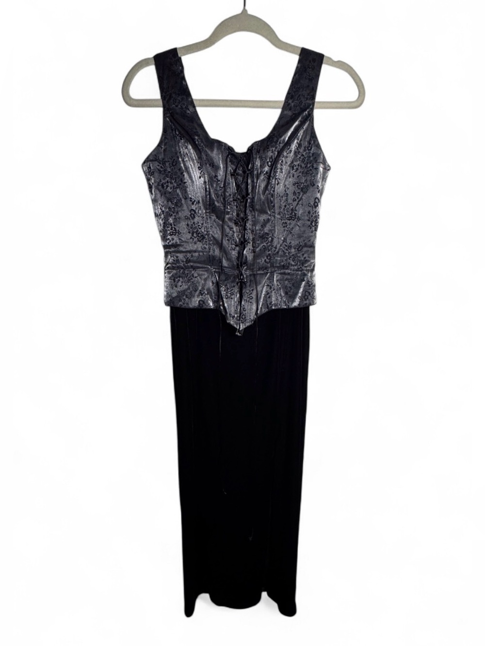 Vintage 90s Corset Lace Up Bodice Velvet Floral Maxi Dress Gothic Romantic